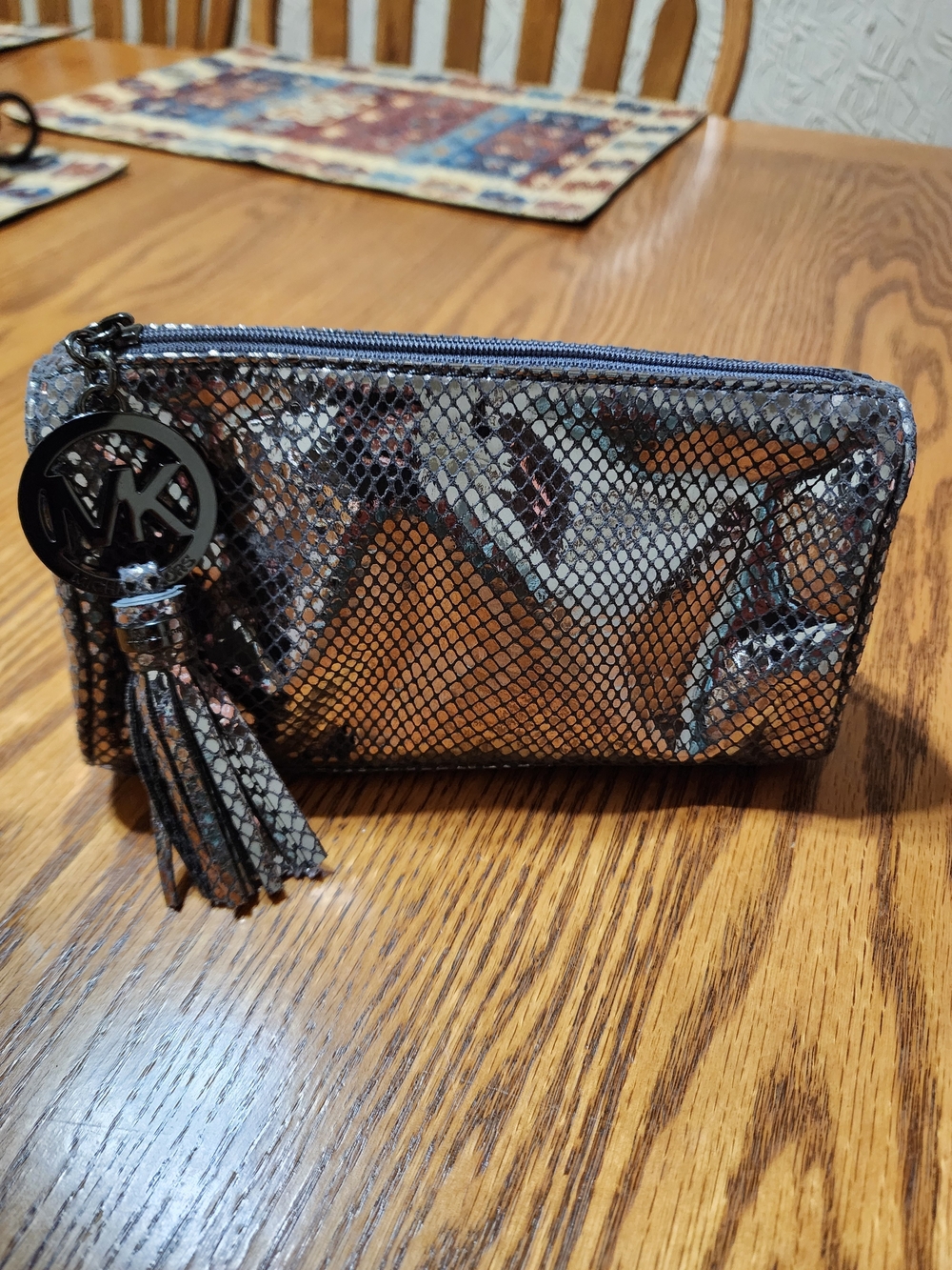 Michael Kors Metallic Snakeskin Tassel Cosmetic Bag Pouch - Gunmetal